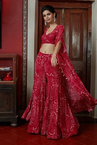 Blouse And Sharara, Arpita Mehta, Sand Garden, Sharara Pants, Mirror Work Blouse, Red Lehenga, Sharara Set, Garden Print, Indian Designer Outfits