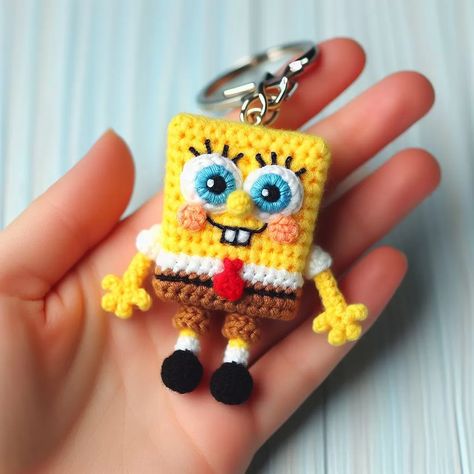 Spongebob Crochet Keychain, Spongebob Amigurumi Free Pattern, Crochet Spongebob Pattern Free, Spongebob Crochet Pattern Free, Spongebob Amigurumi, Spongebob Keychain, Spongebob Crochet, Crochet Spongebob, Crocheting Amigurumi