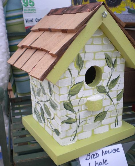 Bricks and vines Painting Bird Houses, Bird Houses Ideas, Bird Houses Ideas Diy, Bird House Feeder, Houses Ideas, Mosaic Birds, Bird Houses Painted, Decorative Bird Houses, Bird Houses Diy