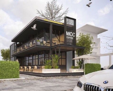 Restaurant Facade, Restaurant Exterior Design, Coffee House Design, Cafe Exterior, Steel Building Homes, Plaza Design, Modern Restaurant Design, Commercial Design Exterior, Industrial Cafe