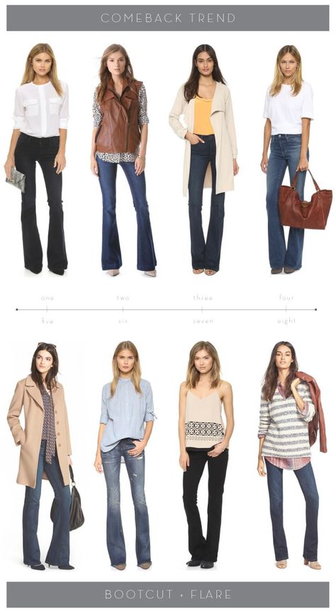 Comeback Trend: Bootcut + Flare Jeans Flare Vs Bootcut Jeans, Bootcut Slacks Outfit, Flare Jeans Cowboy Boots Outfit, Flare Jeans With Heels, Flare Jeans With Boots, Flared Jeans And Sneakers, Flared Jeans Outfits, Jeans And Jumper Outfit, Flare Jeans And Sneakers