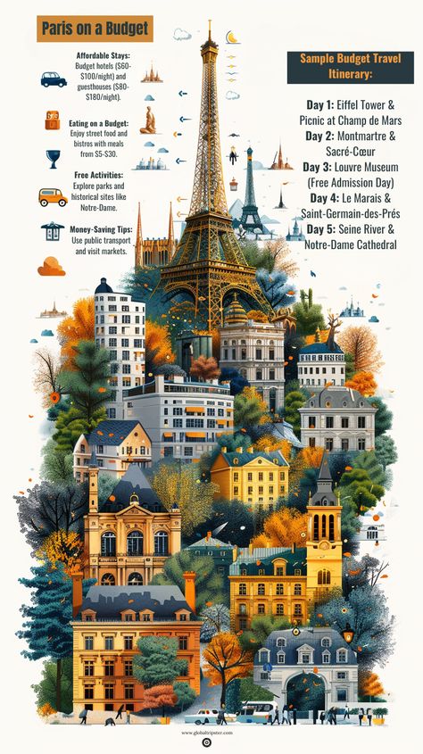 Unlock the secrets to exploring Paris on a budget with our colorful infographic! From cozy guesthouses to free attractions and cheap eats, discover how to enjoy the City of Lights without spending a fortune. Dive deeper into each tip by visiting our blog. Perfect for savvy travelers!

#ParisTravel #BudgetGuide #TravelInfographic #SaveInParis #ParisTips #FrugalTravel #ExploreParis #travel #Paris #France #infographic #eiffeltower France Infographic, Paris Budget, Colorful Infographic, Paris On A Budget, Frugal Travel, Paris Tips, Parisian Bistro, Travel Paris, Travel Infographic