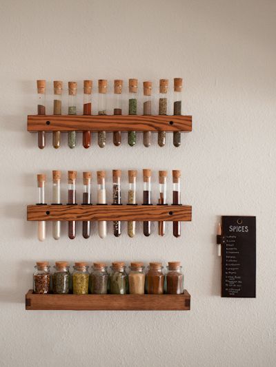 Test Tube Spice Rack, Test Tube Crafts, Diy Spice Rack, Kitchen Arrangement, Spice Organization, Test Tube, Spice Rack, Wooden Shelves, Diy Kitchen