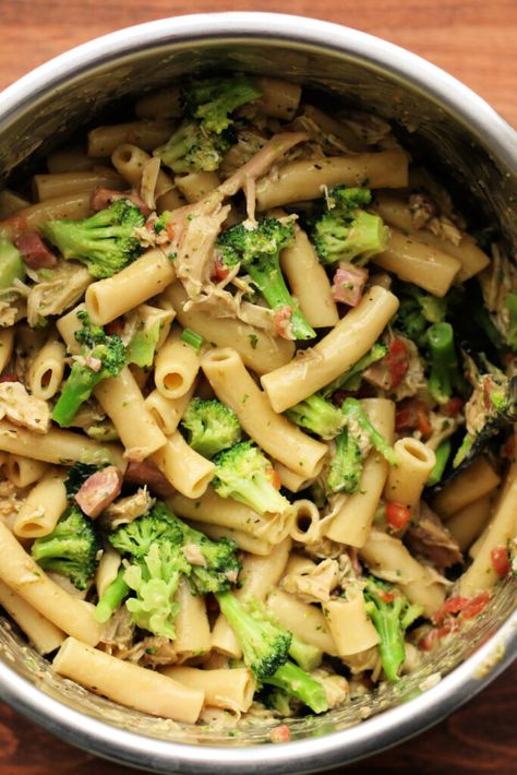 Now or Later Casserole--an Instant Pot recipe with ziti, ham, chicken, tomatoes, parmesan, cream cheese, broccoli, pesto and more! Make it for tonight or freeze it for later. Cream Cheese Broccoli, Cheese Broccoli, Chicken Tomatoes, Chicken Broccoli Cheese, Broccoli Pesto, Instant Pot Recipe, Frozen Broccoli, Cheese Pasta, Broccoli And Cheese