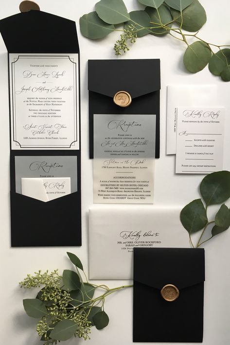 This custom wedding invitation suite has a unique border, beautiful digital calligraphy, and the smoothest black Pocket Fold.  The perfect little detail of metallic paper and shimmer vellum create a beautiful combo. #pocketfoldweddinginvitations #pocketfold Diy Elegant Wedding Invitations, Small Wedding Invitation Card, Invitation Folding Ideas, Silver Black Wedding, Black Themed Wedding Invitations, Black Invitations Wedding, Black Wedding Details, Black Wedding Cards, Modern Wedding Invitations Luxury