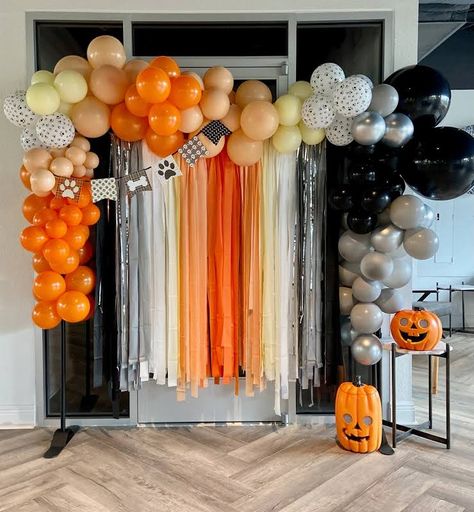 Carnevil Halloween Party, Carnevil Halloween, Photo Backdrop Halloween, Tablecloth Backdrop, Diy Streamers, Diy Tablecloth, Fall Backdrops, Halloween Tablecloth, Streamer Backdrop