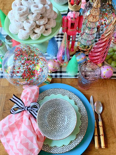 COLORFUL HOLIDAY BRUNCH TABLESCAPE AND CHEERY CHRISTMAS DECORATIONS | Dimples and Tangles Bright Colored Christmas Table Decor, Colorful Christmas Dining Room, Merry And Bright Christmas Tablescape, Colorful Christmas Table Setting, Disco Christmas Tablescape, Colorful Christmas Decor Diy, Funky Christmas Table Decor, Walmart Christmas 2022, Whimsical Christmas Tablescapes