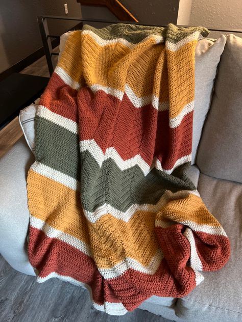 Three Colored Crochet Blanket, Fall Crochet Blanket Ideas, Crochet Living Room Blanket, Fall Crocheted Blankets, Fall Crochet Blankets, Crochet Blanket Fall, Fall Color Crochet Blanket, Fall Crochet Blanket Patterns Free, Fall Colored Crochet Blanket