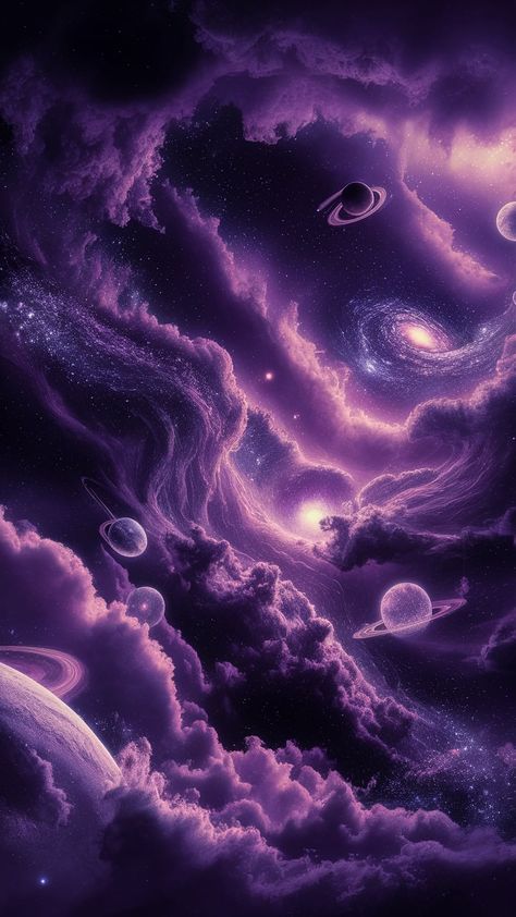 Dive into a captivating space wallpaper showcasing a stunning cosmic landscape in shades of purple. Experience swirling galaxies, vibrant nebulae, and shimmering stars that embody the universe's beauty. Deep violet and soft lavender hues blend perfectly, while ethereal planets and twinkling star clusters invite exploration. Perfect for space lovers, this artwork is a breathtaking reminder of the mysteries of the cosmos. #SpaceWallpaper #CosmicArt #Galaxies Purple Space Aesthetic, Trippy Clouds, Cosmic Landscape, Purple Cosmos, Purple Galaxy Wallpaper, Purple Space, Star Clusters, Space Wallpaper, Pink Wallpaper Girly