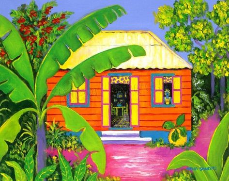 Carribean Colors, Tropical Mural, Caribbean Colors, Pool Cage, Garage Paint, Caribbean Homes, Haitian Art, Afrikaanse Kunst, Caribbean Art