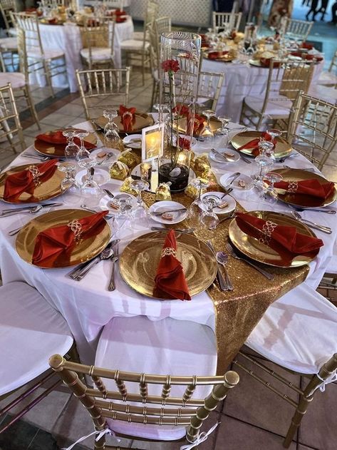 50th White And Gold Party, Red White Gold Sweet 16, Red White Gold Table Setting, 50th Birthday Red And Gold, Gold And Red Party Theme, Red Gold And White Decorations, Red And Gold Anniversary Decorations, Red And Gold Anniversary Party Ideas, White Gold And Red Wedding Decor