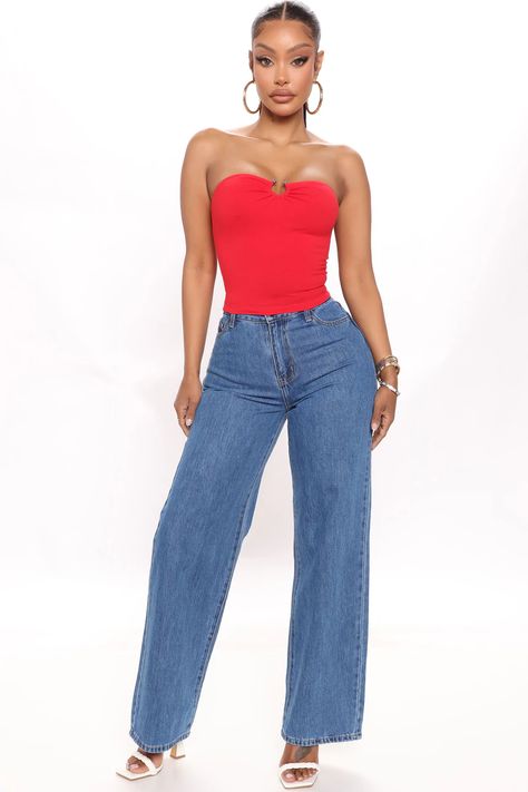 Top Rojo, Smart Casual Jeans, Yodit Yemane, Cropped Tube Top, Red And Yellow, Basic Tops, Black White Red, Girls Jeans, Red Fashion