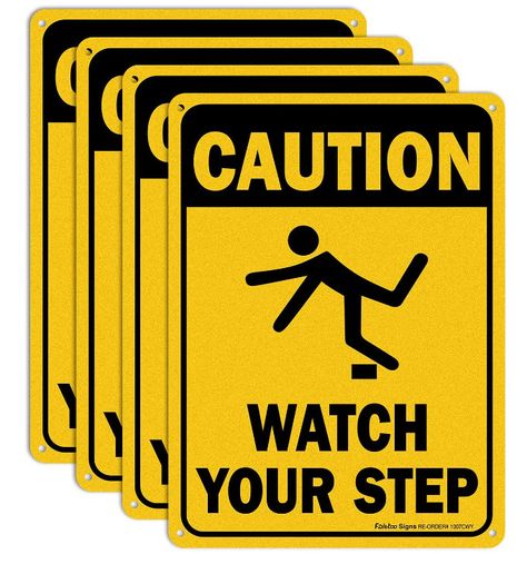 This Yellow and black "Caution, Watch Your Step" safety sign is sure to get people's attention and is the perfect way to remind people to watch their step. 10" x 7" rectangle, made of sturdy and strong rust-free .40 aluminum UV Printed. Our Heavy-duty rustproof aluminum signs can withstand inclement weather without fading. Outdoor service life up to 7 years. 4 pre-drilled holes one in each corner for easy mounting on any surface including walls, fence，poles and gates. Reflective signs illuminate Watch Your Step Sign, Caution Signs, Reflective Sign, Slippery When Wet, Sign Post, Road Signs, Street Signs, Sign Printing, Funny Signs