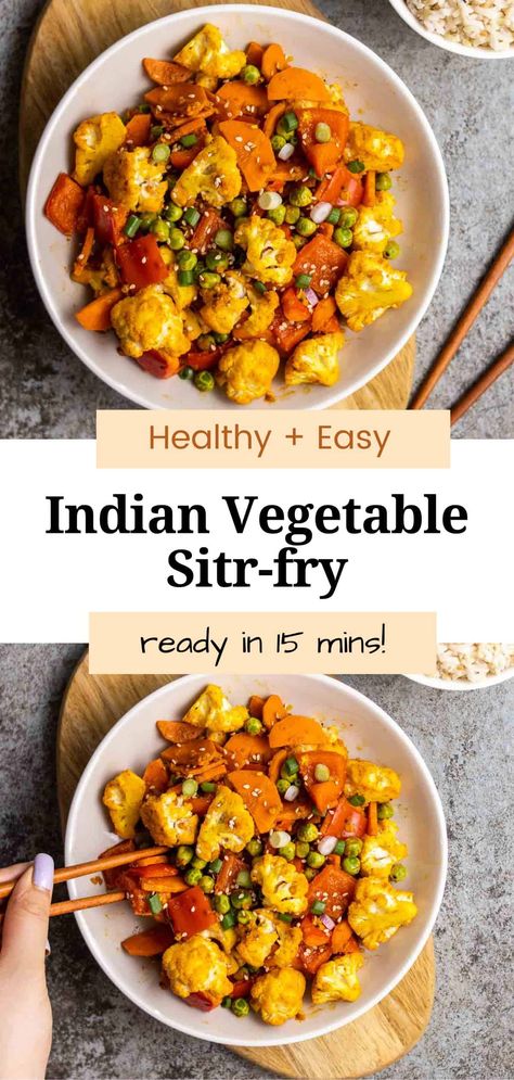 This Indian vegetable stir-fry features colorful veggies coated with various spices and seasonings. An easy vegetable side dish that is delicious yet healthy and light. You can make it in 15 minutes! Indian Vegetable Side Dish, Easy Vegetable Side Dish, Indian Vegetable Recipes, Vegetable Curry Recipes, Vegetable Stir Fry Recipe, Vegetarian Stir Fry, Colorful Veggies, Spiced Vegetables, Easy Vegetable Side Dishes