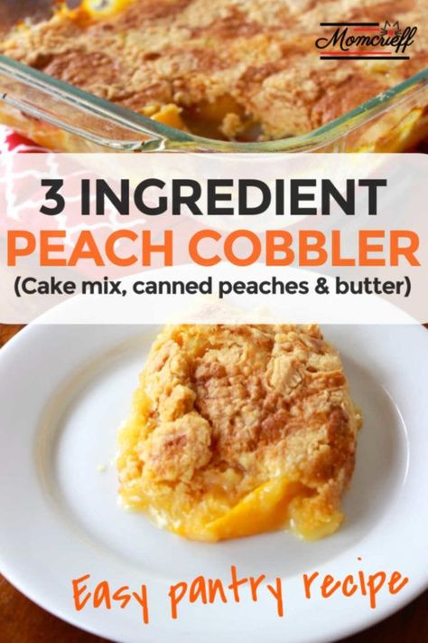 Easly and delicious three ingredient peach cobbler. Grab a cake mix, canned peaches, some butter and you are ready to make this! Easy Peach Cobbler Recipe 3 Ingredients, Quick Peach Cobbler 3 Ingredients, 3 Ingredient Peach Cobbler, Cobbler Desserts, Can Peach Cobbler, Canned Peach Cobbler Recipe, Oreo Lasagna, Peach Cobbler Cake, Cake Mix Cobbler