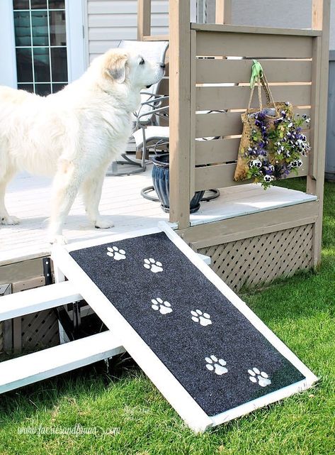 Outdoor Dog Ramp Our loveable lug Great Pyrenees is going on eight years old, and like most other giant breeds he is starting to slow down a little bit.  We first noticed he wasn’t able to leap into the truck anymore so now Hubs hoists him in, then he hurt himself on the hardwood floors, ... Read More about  DIY Dog Ramp Dog Ramp For Stairs, Diy Dog Ramp, Dog Ramp Diy, Diy Dog Wheelchair, Dog Ramp For Car, Dog Ramp For Bed, Ramp Design, Pet Ramp, Dog Pool