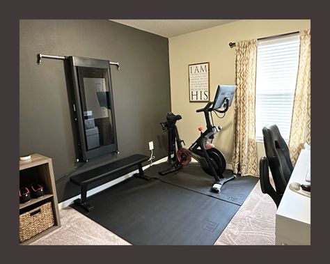 Gym And Games Room Combo, Workout Area In Office, Home Gym Library Combo, Gym Office Decor, Small Office And Workout Space, Basement Office Gym Combo, Peloton Office Guest Room, Small Gym Office Combo Work Spaces, Home Office With Gym Ideas