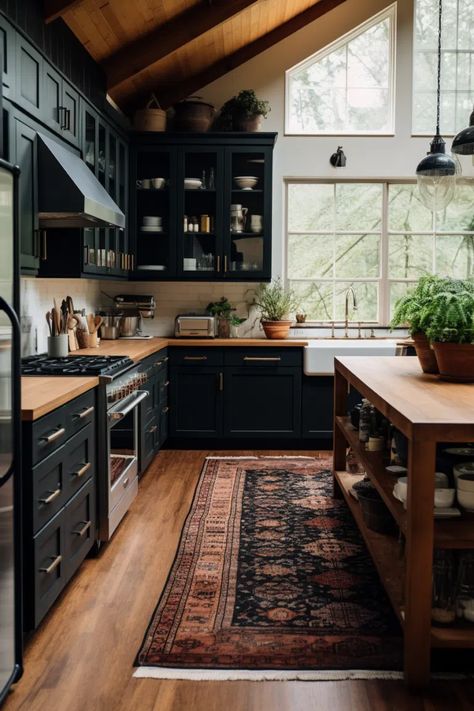 40+ Aesthetic Moody Farmhouse Kitchen Ideas Narrow Kitchen Design, Kitchen Narrow, Modern Kitchen Layout, Long Narrow Kitchen, Moody Farmhouse, Kitchen Long, Moody Kitchen, Farmhouse Kitchen Ideas, Narrow Kitchen