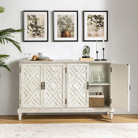 PRICES MAY VARY. 🛫【 Spacious Storage Space 】 Our sideboard buffet with an adjustable cabinet is perfect for keeping your kitchen organized. With four doors and two-tier shelves inside each, it provides ample space to store your spices, bowls, plates, containers, and more. Besides, you can use the top to store essentials, and books, or display photos, plants, and decorations. It not only decors your home, but also can keep your room tidy and orderly. 🛫【 Reliable Protection 】 Our sideboard buffe Modern Farmhouse Buffet, Distressed Sideboard, Future Furniture, Storage Sideboard, Farmhouse Buffet, Velvet Living Room, Wide Sideboard, Pattern Motif, Leather Side Chair