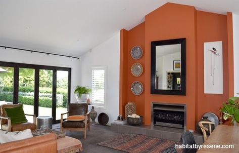 Orange Feature Wall, Wall Paint Color Schemes, Wall Orange, Orange Accent Walls, Burnt Orange Living Room, Feature Wall Ideas, Soothing Bedroom, Colors Wall, Living Room Orange