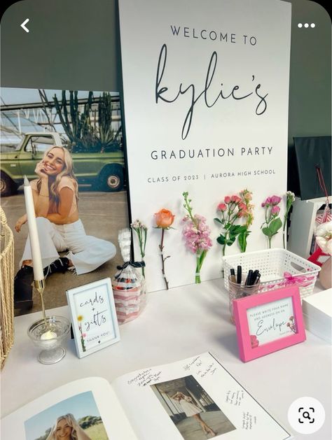 Party Decor Graduation, Desert Table Grad Party, Grad Parties Ideas, Senior Open House Ideas, Pink Grad Party Ideas, College Graduation Party Ideas Decoration, Nursing Grad Party Ideas, Grad Party Photo Display, Senior Party Ideas