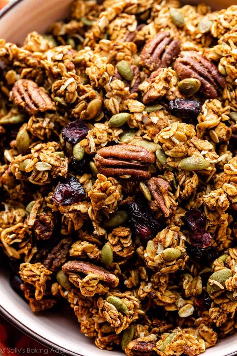 Crunchy Pumpkin Spice Granola - Sally's Baking Addiction Pumpkin Yard Decor, Pumpkin Granola Recipe, Pumpkin Spice Granola, Pumpkin Granola, Sallys Baking, Fall Goodies, Granola Recipe Homemade, Sally's Baking, Unsweetened Coconut