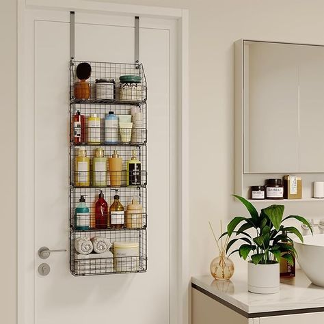 Amazon.com: Over the Door Bathroom Organizer - 5 Tier Bathroom Door Caddy Shelf Organizer Rack, Detachable & Foldable Wall Mount Stainless Steel Hanging Behind Door Caddy Organizer Shelf for Bathroom Door Storage : Home & Kitchen Behind Bathroom Door Storage, Back Of Bathroom Door Storage, Over The Door Bathroom Storage, Bathroom Aesthetic Decor, Organization For Small Bathroom, Bathroom Space Saver Ideas, Bathroom Door Storage, Bath Accessories Ideas, Bathroom Organizer Ideas