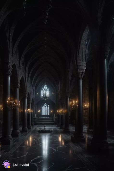 Thrown Room Castle Dark, Gothic Architecture Columns, Gothic Castle Hallway, Fantasy Castle Hallway, Fantasy Gothic Architecture, Dark Fantasy Castle Interior, Dark Fantasy Architecture, Gothic Throne Room, Gothic Foyer