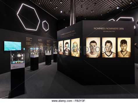 Showroom of the FIFA Ballon d'Or exhibition at the future new FIFA World Football Museum at Zurich, Switzerland. - Stock Image Corporate Football Event, Soccer Museum, Football Exhibition, Sport Museum, Football Museum, Visual Merchandising Fashion, High School Soccer, Corporate Event Design, Theatre Interior