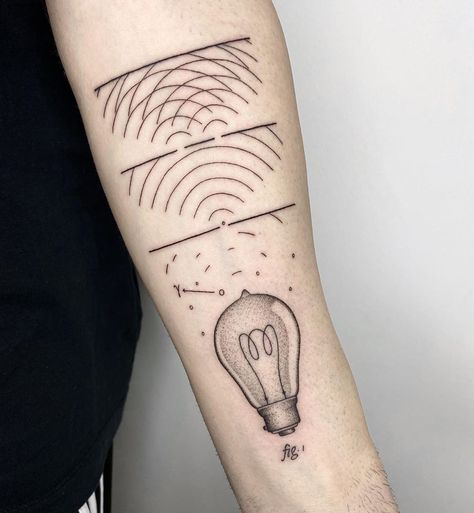 Michele Volpi ⋆ tattoo artist on Instagram: ““Wave-particle duality of the light” Wave–particle duality is the concept that every particle or quantum entity may be described as either…” Quantum Physics Tattoo Ideas, Quantum Entanglement Tattoo, Quantum Mechanics Tattoo, Quantum Physics Tattoo, Physics Tattoo Ideas, Duality Tattoo Ideas, Quantum Tattoo, Engineering Tattoo, Duality Tattoo