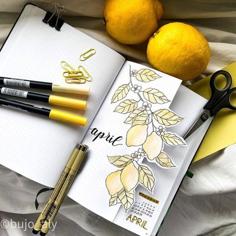 April Spread, April Bullet Journal, Lemon Theme, Bullet Journal Cover Page, Bullet Journal Cover Ideas, Bullet Journal Paper, Desain Quilling, Diy Journal Books, Bullet Journal Diy