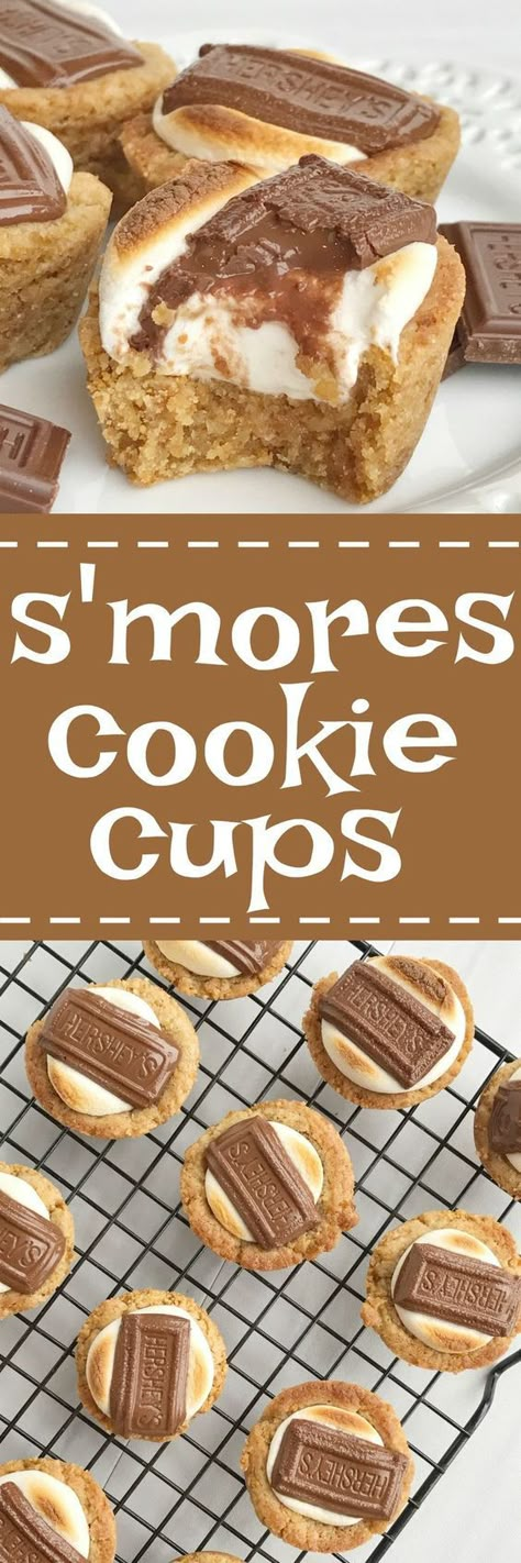 Smores Cookie Cups, S'mores Cookie Cups, Smores Cookie, Graham Cracker Cookies, Resepi Biskut, Weight Watcher Desserts, Cookie Base, Mini Muffin Pan, Cookie Cups