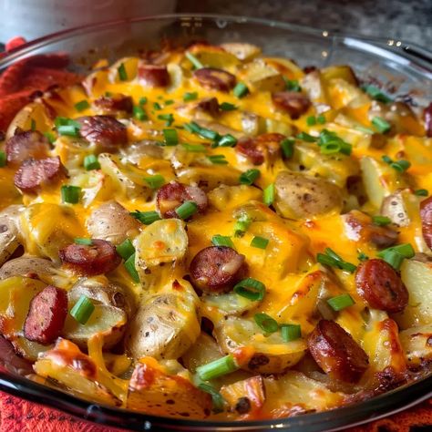 Easy Cheesy Potato & Smoked Sausage Casserolee Recipe - avarecipes.com Cheesy Brat Casserole, Easy Sausage And Potatoes Recipes, Sausage Recipes Potatoes, Potato Smoked Sausage Casserole, Smoked Sausage And Potato Recipe, Smoked Sausage Casserole, Sausage And Potato Bake, Easy Sausage Recipes, Meatloaf Dinner