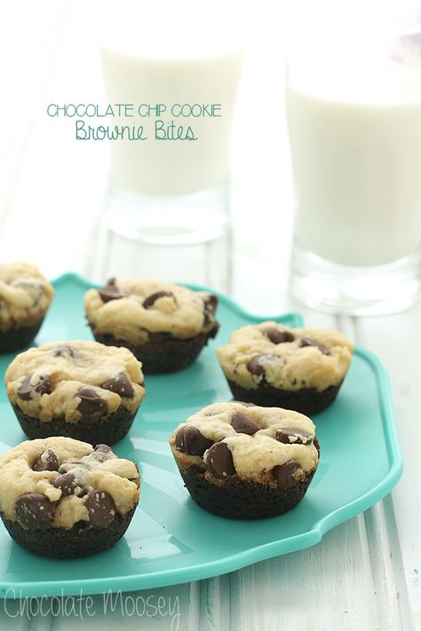 Can't decide between chocolate chip cookies and brownies? Now you can have both with these Chocolate Chip Cookie Brownie Bites! They may be tiny in size, but they are big in flavor. Chocolate Chip Cookie Brownies, Cookies And Brownies, Simply Food, Cookie Brownie, Cookie Cups Recipe, Baking List, Cookie Bites, Diy Desserts, Oatmeal Chocolate