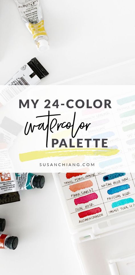 In today’s post, I’m sharing the 24 colors I have in my 24-well watercolor palette. Color selection is a personal choice and it all comes down to what colors you personally enjoying painting with.  I believe as my own painting experience evolves, so will the color selection in my palettes. #watercolor Watercolor Pallet Color Palettes, Watercolor Color Palette, Watercolour Palette, Watercolor Pallet, Watercolor Paintings Easy, Pallet Painting, Palette Color, Watercolor Palette, Diy Watercolor