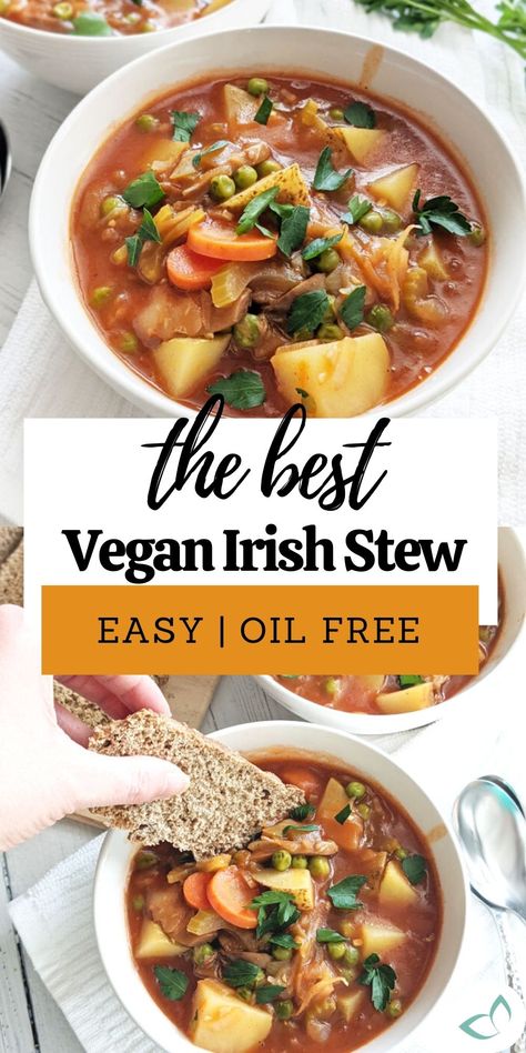 A bowl of vegetable stew with someone dipping a slice of bread into it. Text on image: the best vegan Irish stew easy oil free Vegan Irish Stew, Potatoes And Mushrooms, Healthy Oil, Plant Based Soups, Vegan Stew, Irish Stew, Plant Based Whole Foods, My Lifestyle, Vegan Soup Recipes