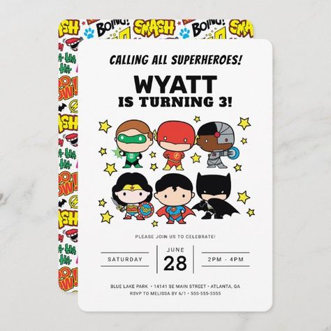 Chibi Justice League Birthday Invitation Superhero Birthday Invitations, Birthday Cartoon, Birthday Board, Superhero Birthday, Holiday Invitations, 4th Birthday Parties, Zazzle Invitations, 4th Birthday, Justice League