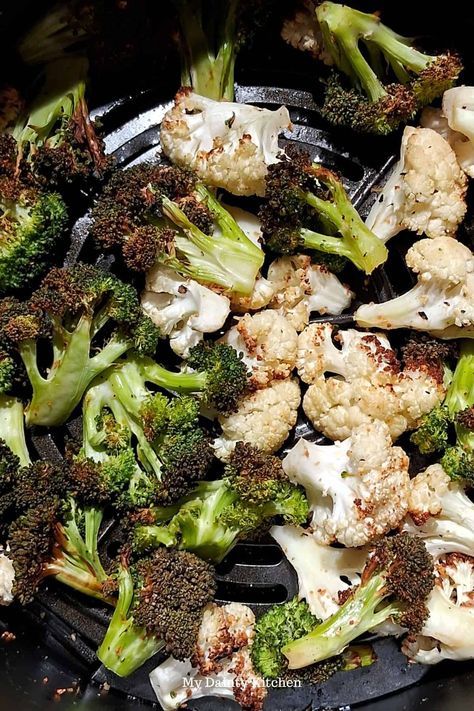 Air Fryer Broccoli And Cauliflower - My Dainty Kitchen Air Fryer Broccoli And Cauliflower, Air Fryer Broccoli, Seasoned Broccoli, Broccoli And Cauliflower, Flavorful Vegetables, Roasted Vegetable Recipes, Vegetable Medley, Quick And Easy Appetizers, Cauliflower Bites