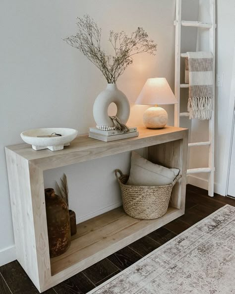 Modern Mirror Entryway, Entryway Ideas Neutral, Entryway Table And Bench Ideas, Entry Hall Console Table, Entry Table Without Mirror, Entryway Table Under Window, Apartment Entryway Table, Cube Console Table, Entryway Table Storage Ideas