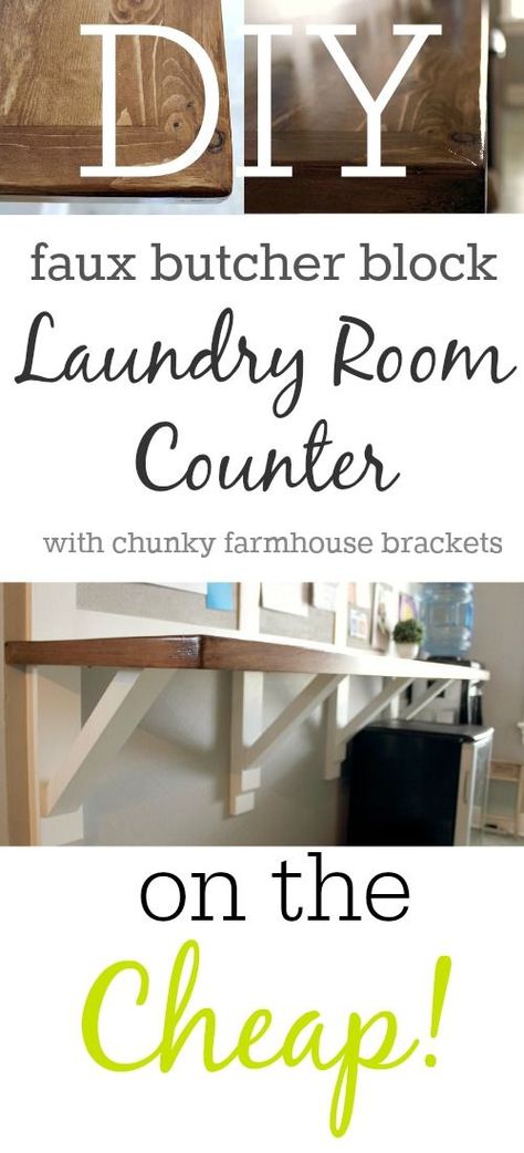 DIY faux butcher block counter that you can make for super cheap! This shows… Butcher Block Laundry Room, Faux Butcher Block, Cheap Laundry Room Makeover, Laundry Room Counter, Laundry Room Countertop, Home Improvement Show, Basement Laundry Room, Butcher Block Counter, Dream Laundry Room