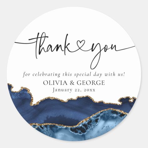 Navy Blue Gold Agate Wedding Thank You Stickers Blue White And Gold Wedding, Gold Wedding Signs, White And Gold Wedding, Cradle Ceremony, Agate Wedding, Navy Blue Wedding, Packaging Stickers, White Agate, Wedding Stickers