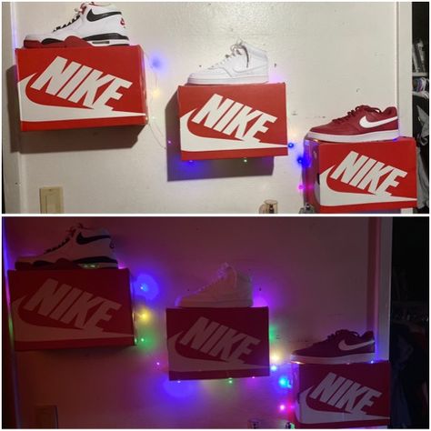 #nike #bedroomideas #shoebox Shoe Box Shelves, Nike Shoe Box Storage, Nike Shoe Box, Shoe Box Storage, Nike Shoe, Shoe Shelf, Waterproof Shoes, Box Storage, Wall Storage