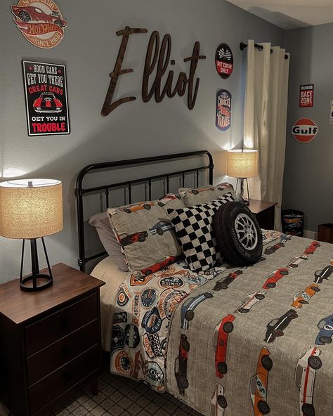 My little champ’s big boy room reveal 🏎️💨🏁 We moved Elliot into his big boy room before Delilah was born to get him used to the adjustment but I only just realized I never shared the final look! So grateful he has such a strong passion for cars at his age since it’s something I enjoy so much myself. I really wanted Elliot’s room to fuel that passion even further while also being an inviting space for me to spend lots of time in. All of the products used in Elliot’s room are linked in my... Monster Truck Bedroom Ideas Boy Rooms, Monster Truck Bedroom, Truck Bedroom, Car Room, Cars Room, Kids Bedroom Inspiration, Rooms Reveal, Big Boy Room, Kids Bathroom