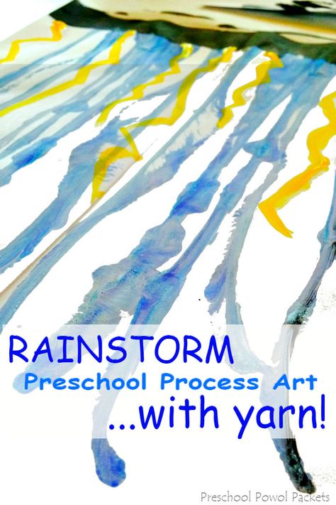 Fun rainstorm themed yarn painting preschool process art! Also great for kindergarten and elementary art lessons! Weather Process Art Preschool, Preschool Process Art, Painting Preschool, Weather Preschool, Process Art Preschool, Weather Lesson Plans, Water Study, Weather Activities Preschool, Water Unit