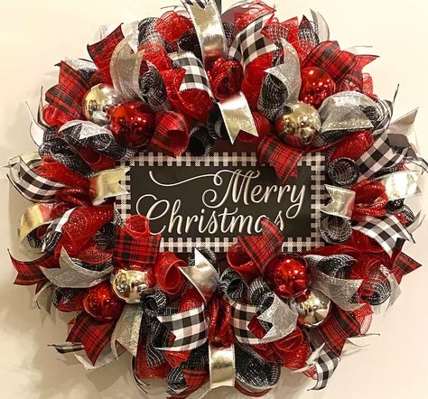 Christmas Wreath Buffalo Plaid Wreath Christmas Wreaths Red - Etsy Christmas Wreaths Buffalo Plaid, Red And Black Christmas Wreaths, Black And White Buffalo Plaid Christmas Wreath, Red And Black Wreath Ideas, Red And Black Buffalo Plaid Christmas Tree, Red And Black Buffalo Check Christmas, Red And Black Buffalo Plaid Christmas, Christmas Wreaths With Ribbon, Red Buffalo Plaid Christmas Decor