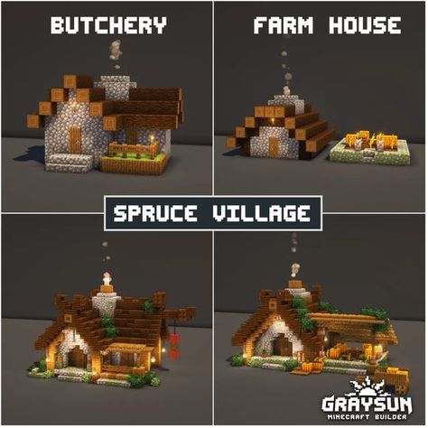 Minecraft Village Structures, Revamped Villages In Mc, Renovated Minecraft Village, Early Game Minecraft Builds, Minecraft Village Farmer House, Village Houses Design, Minecraft Spruce Village Transformation, Spruce Village Minecraft Ideas, Minecraft Village Plan