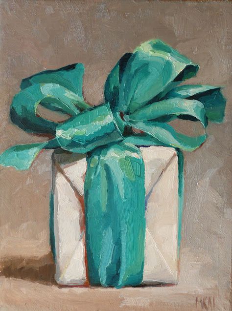 I wonder what's inside.  from karen appleton oil paintings Present Box, Daily Painting, Wow Art, Still Life Art, Christmas Paintings, Art Oil, Christmas Art, 그림 그리기, Life Art