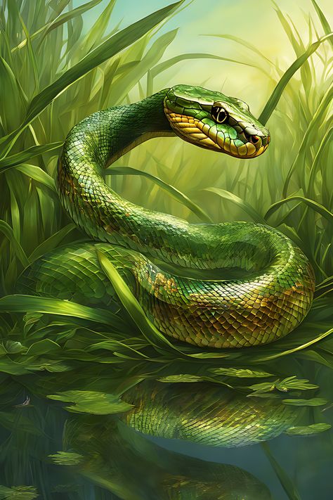 Green snake among the grasses by the water reptiles animals Tattoo Cobra, Fire Snake, 3d Typography Design, 숲 사진, Snake Painting, Scary Dreams, Night Landscape Photography, Snake In The Grass, Snake Drawing