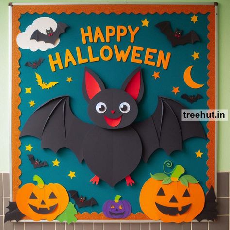 Bat Bulletin Board Ideas and Bat Classroom Activities for Elementary School | October Bulletin Board Ideas | Halloween Boards Bulletin For School, Bats Bulletin Board Ideas, Bat Bulletin Board Preschool, Trick Or Treat Bulletin Board Ideas, Bat Bulletin Board Ideas, Cool Bulletin Board Ideas, Halloween Bulliten Board Ideas, Halloween Bulletin Board Ideas For Work, Cricut Bulletin Board Ideas