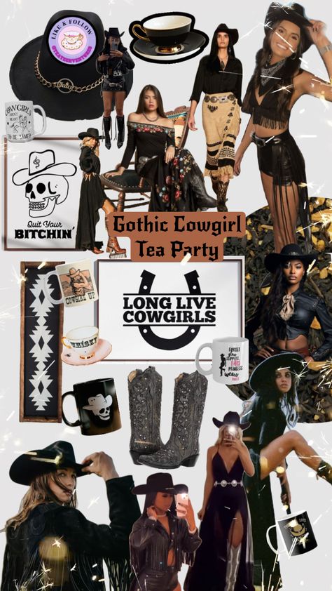 Gothic Cowgirl, Fashion Trend Book, Hen Party Outfits, Black Cowgirl, Alt Outfits, Cowgirl Aesthetic, Western Style Outfits, Tea Party Hats, Goth Aesthetic